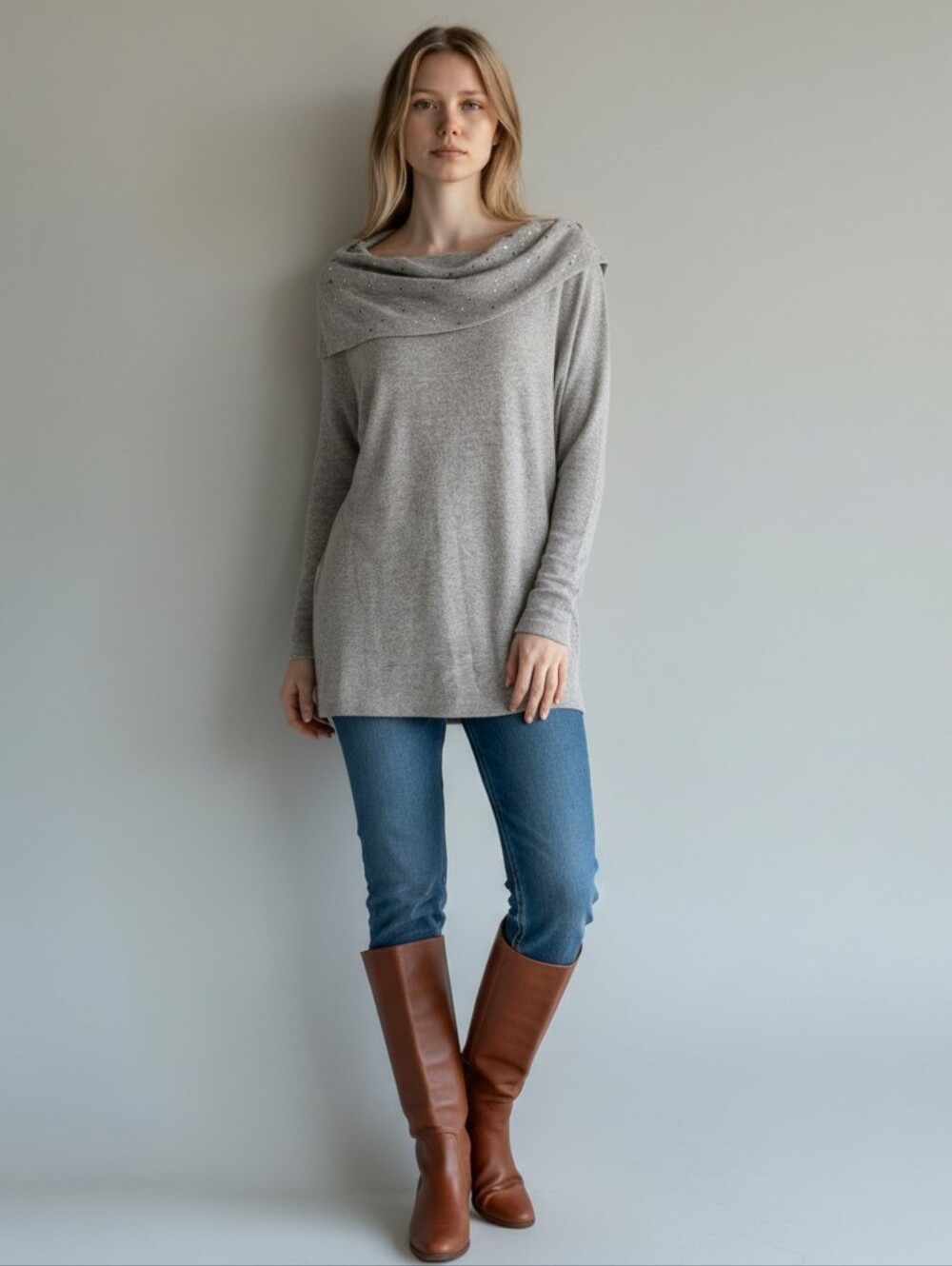 Zenergy by Chico's grey beige sweater Cowl‎ Neck 3/4 sleeve soft size 3 or XL